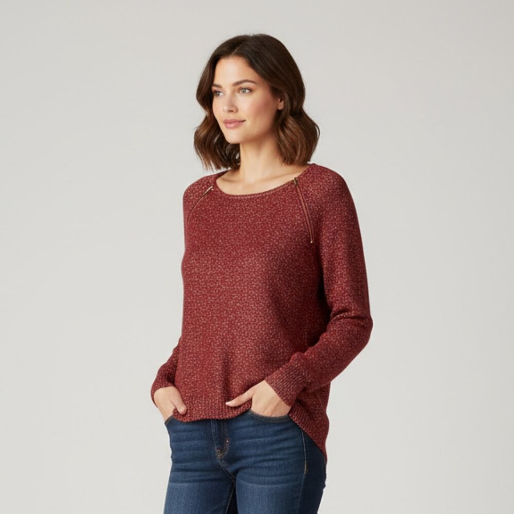 Bisou Bisou Red Metallic Knit Sweater‎ XS Gold Zip Detail Long Sleeve Pullover
